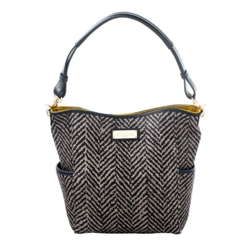Spartina 449-Black and white linen and leather bucket bag with yellow interior